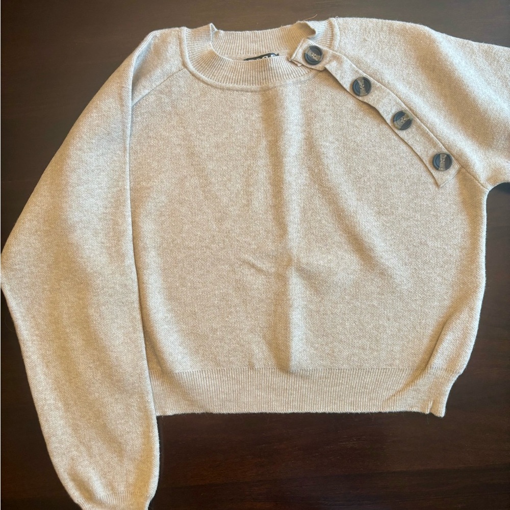Button-Detail Beige Sweater